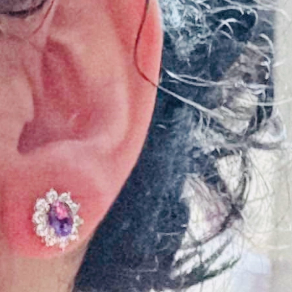 New 10K Solid Real Gold sunburst diamond cz purple gemstone earrings studs - Picture 3 of 7